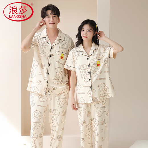 LangSha couple pajamas for one man and one woman, summer pure cotton thin section 7A antibacterial and anti-mite short-sleeved trousers, cardigan, casual home wear 6229 XL female + 3XL male