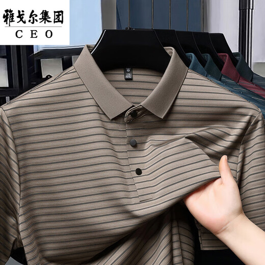 CEO雅戈尔夏季桑蚕丝短袖t恤男士翻领polo衫中老年体恤衫条纹半袖 9866墨绿 S 165/80A