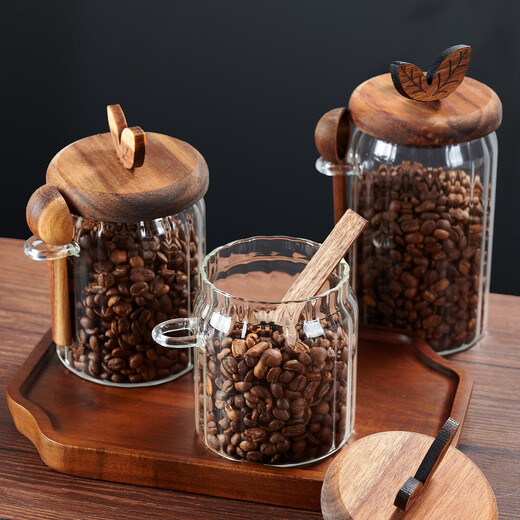 LeCali glass coffee powder sealed jar coffee bean storage jar portable food grade tea storage storage jar with spoon jar high borosilicate glass 800ml-with wooden spoon