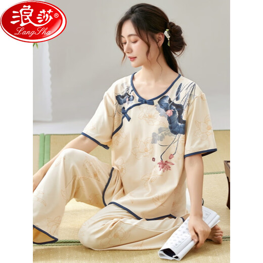 
Langsha 2525 new Chinese style pajamas women's suit summer thin trousers pure cotton home clothes can be worn outside LZY9904 L size (recommended 95-115Jin [Jin equals 0.5 kg])
