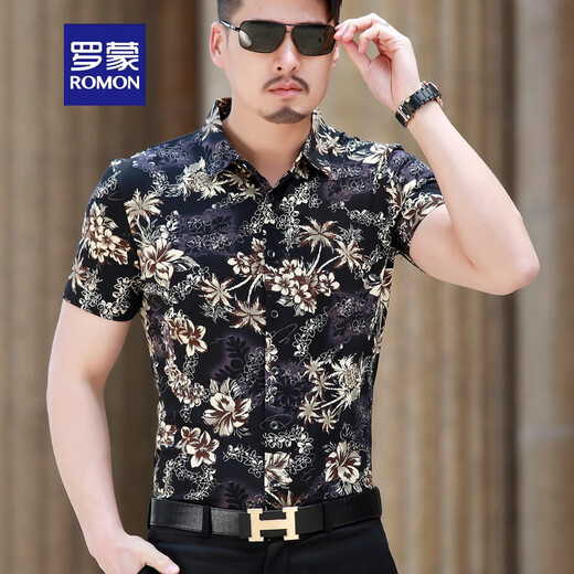罗蒙（ROMON）2025夏季短袖衬衫男士丝光棉免烫花衬衣男胖子宽松加大码印花半袖 983枫叶黑色 M 适合95-120斤