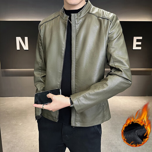 High-end stand-up collar leather jacket for men in autumn and winter new fashion casual black leather jacket velvet thickened versatile jacket military green thickened 3XL