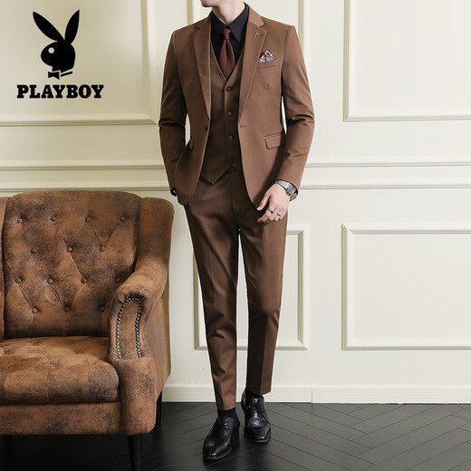 Playboy (PLAYBOY) suit men's three-piece casual large size suit jacket slim Italian formal groom handsome wedding dress white suit + trousers + vest 7XL