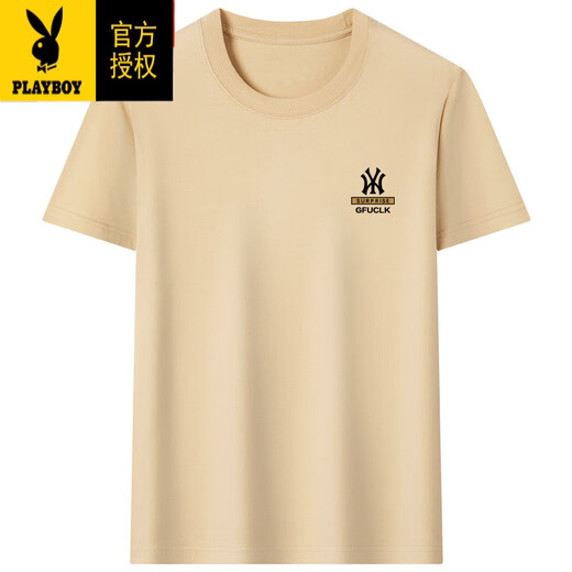 花花公子（PLAYBOY）夏季新款男士短袖T恤宽松纯色高档半袖体恤圆领纯棉上衣服顺滑 Y9929黄色 M -120斤穿
