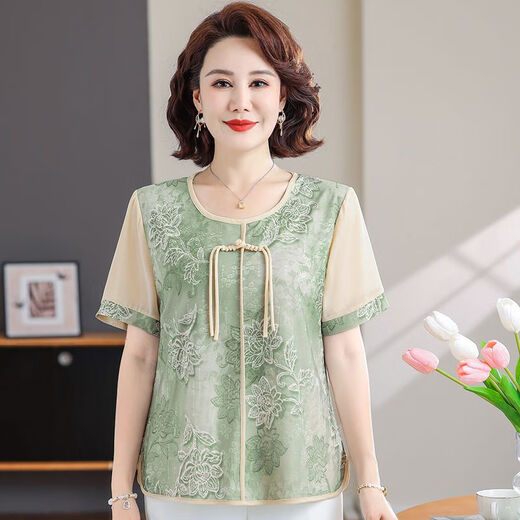 No1 Darano1dara Summer à manches courtes à manches à manches courtes T-shirt Mères d'âge moyen et âgées Top Summer Women's Grand-mère Shirt [681] T-shirt Green XL 90-105Jin [Jin est égal à 0,5 kg]