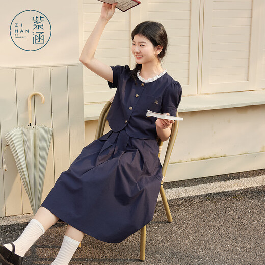 Zihan (ZIHAN) Zihan lace round neck puff sleeve top high waist pleated half length skirt two-piece suit for women 2025 summer new style dark navy S