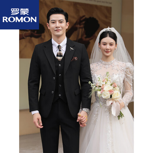 ROMON Groom Wedding Suit Men's Suit Men's Three-piece Slim Business Casual Formal Groomsman Dress New Product Black Three-piece Top + Pants + Vest + Shirt XL 52120-135Jin Jin equals 0.5 kg Wear