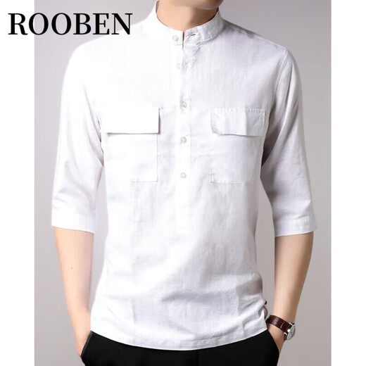 Roben International Luxury High-End-Marke Leinen kurzärmeliges T-Shirt für Herren Baumwollwäsche Sommer-Stand-up-Kragen Thin Chinese Style Lemon Casual Navy Blue One Size 175/L