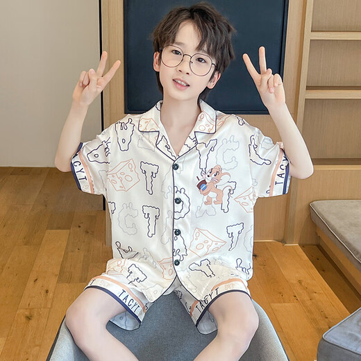 诗茹梦夏季儿童短袖冰雪丝翻领男孩男童卡通款开衫睡衣套装家居服春夏季 6636#（黄色龙） 110 童8码 100-110CM 30-40斤