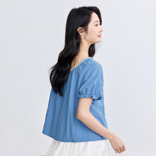 
InMAN French style wood ear short-sleeved shirt for women 2025 summer fashion loose lace round neck pullover shirt Klein Blue XL