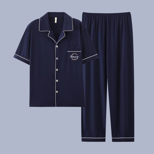 QLTQZQ men's pajamas men's short-sleeved summer thin cotton teenage pajamas men's plus size spring and summer home clothing set G3881 blue (short-sleeved) 175 L [recommended 100-120 Jin [Jin equals 0.5 kg]]