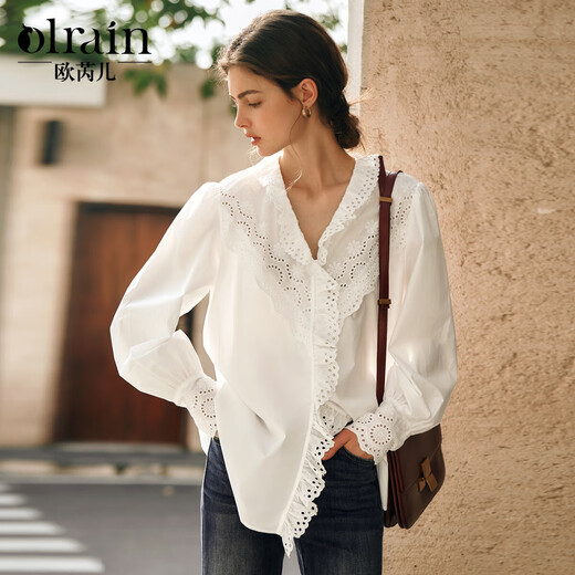 Olrain French white shirt spring and autumn women's lotus leaf collar embroidered hollow shirt temperament commuting white S