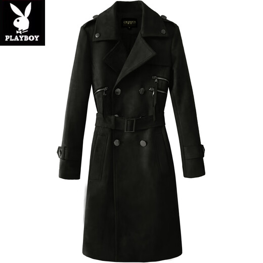 花花公子（PLAYBOY）复古麂皮风衣男士春秋季新款时尚欧货流苏帅气中长版外套男装潮流 军绿色 男款 S