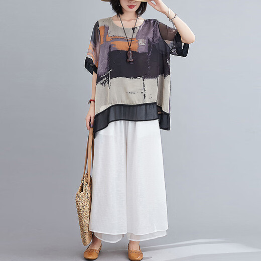 Hengyuanxiang large-size T-shirt for women 200 Jin [Jin equals 0.5 kg] Mom's chiffon shirt short-sleeved summer nine-point wide-leg skirt pants loose fashion suit for women 9716 green suit, average size, medium [recommended 135-165 Jin [Jin equals 0.5 kg]]