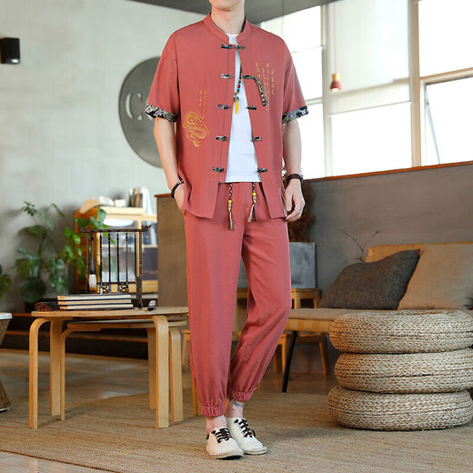 【国风唐装套装】新中式冰丝短袖男夏季新款潮流唐装汉服男装一套 10618-8617黑色 3XL 【建议160-180斤】