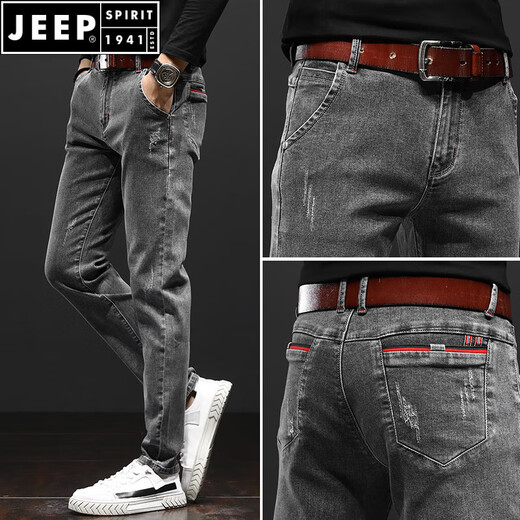 Jeep Spirit2025 New Jeans Los pantalones delgados de los hombres pequeños de los hombres ajustados de verano pantalones delgados de la pierna recta delgada pantalones de hombres SSNZ-6636 GRIS [estilo de primavera y otoño sin terciopelo] 29