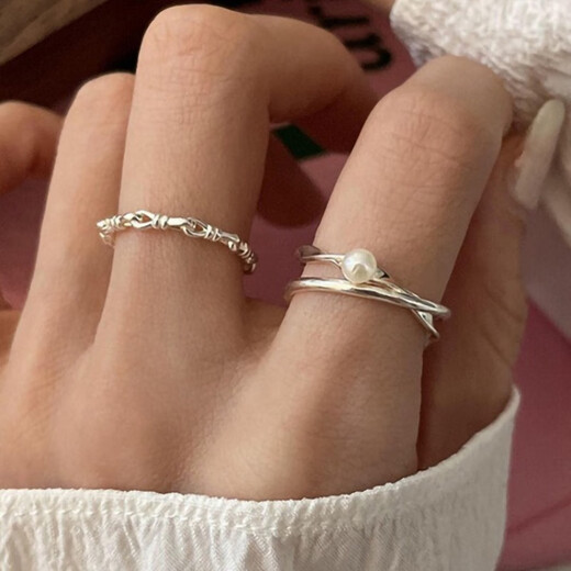 Ye Yu Pearl Ring Women's Niche Design Plain Ring Ring Stackable Temperament Design Fashion Personalized Open Ring Pearl Cross + Thin Chain Hollow Ring 2-piece Set Exquisite Gift Box