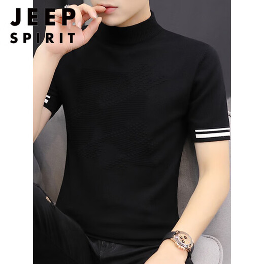 JEEP SPIRIT男士短袖毛衣半高领线衣内打底衫T恤韩版潮流修身半袖条纹针织衫 黑色9901条纹【针织短袖】 M