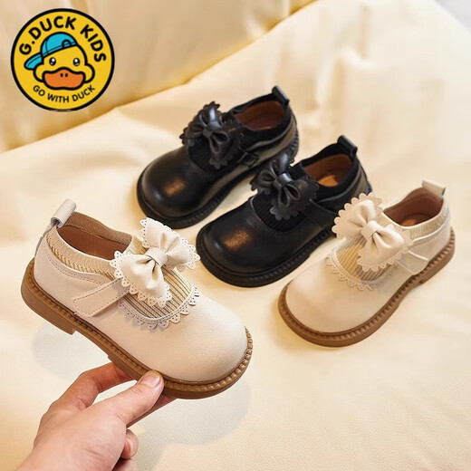G.duck小黄鸭女童公主鞋皮鞋春秋款软底儿童小皮鞋女春季英伦风防滑单鞋 米白色 【现货秒发】 28 内长：17.2cm