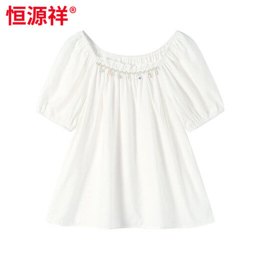 恒源祥2025夏季新款时尚方领超好看别致木耳边短袖T恤气质百搭白色上衣 米白【高品质】 M