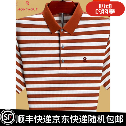 MONTAGUT MONTAGUT Men's Short Sleeve T-shirt Striped Summer Lapel Loose No Iron Middle-aged POLO Shirt 829-Orange M Size 165