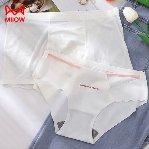 MiiOW Couple Underwear One Men and Women Ice Silk Seamless Thin Style Hollow Simple Japanese Girl Triangle Boxer Suit Thong White Couple Suit M Men's L Size + Women's Size