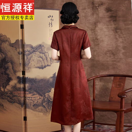 恒源祥高端香云纱桑蚕丝100%连衣裙夏季新款中老年妈妈装婚宴会礼服旗袍 红色lj6627桑蚕丝红莨香云纱 L 参考体重90-110斤