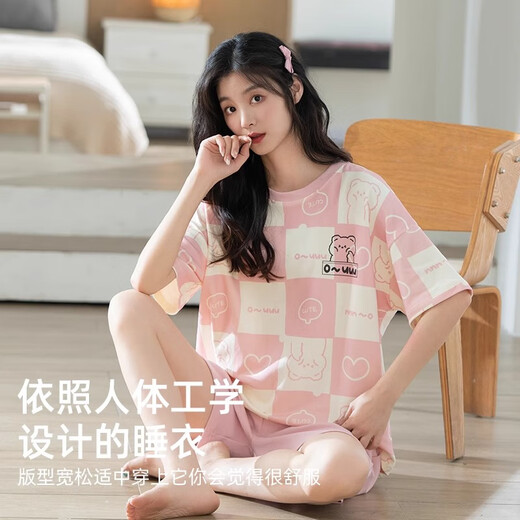 恒源祥女士纯棉睡衣2025新款短袖短裤套头家居服薄款套装春夏季 6174 M (165)