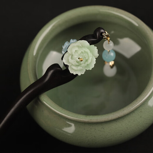 Retro palace style Hanfu hair accessories original handmade ebony hairpin classical temperament cheongsam hairpin peony green