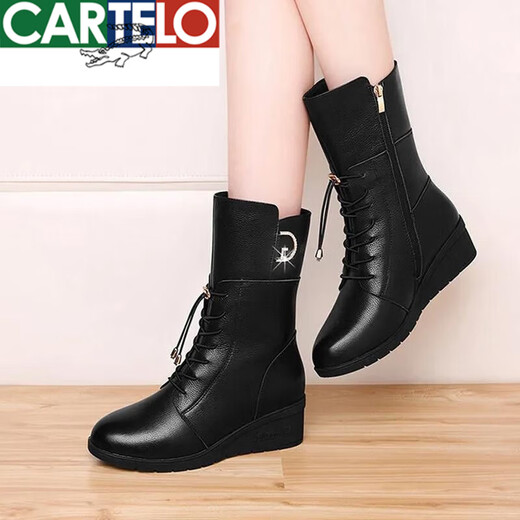 CARTELO crocodile (CARTELO) wedge boots women's mid-calf boots soft leather women's shoes fashion short boots 2025 Martin boots autumn and winter mother's cotton boots brown plus velvet 38