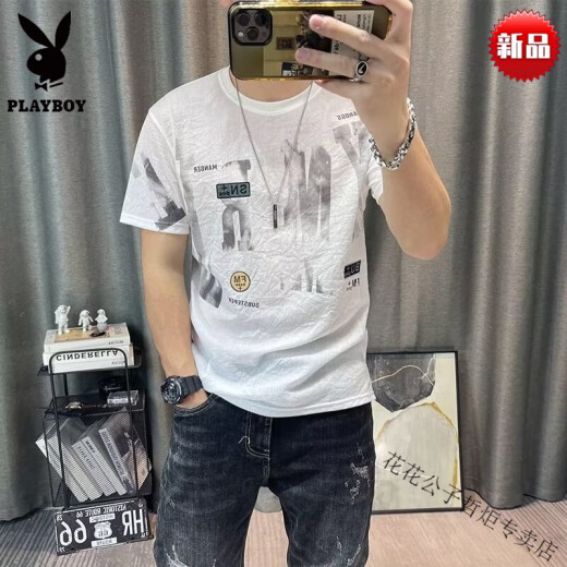 花花公子（PLAYBOY）纯棉短袖t恤男2023夏新款男士满身卡通印花半袖洋气小众百搭 829黑色 M