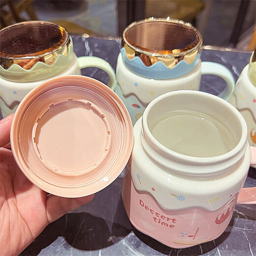 OUOETY Korean Cute Cartoon Rabbit Ceramic Cup for Women with Cover for Students Fresh Milk Coffee Tea Cup Water Cup Mug 878 Cartoon Mirror Green 420ml Free Cup Brush