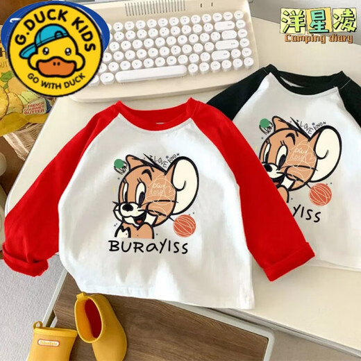 
G.DUCKKIDS new cat and mouse children's T-shirt long-sleeved boys autumn small and medium-sized children's clothing fashionable rabos sleeve base shirt girl [white and red]#D674 Jerry Mouse 80 [Suggested height 70-80cm]