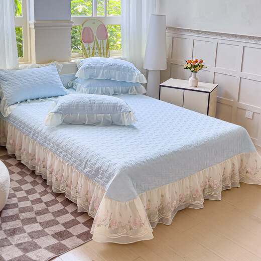 Fu丨Anna French light luxury princess style cotton four-piece set 2025 new chiffon lace embroidered quilt cover Huali-Baby Blue bed sheet style 1.8m bed cover four-piece quilt cover 200*2