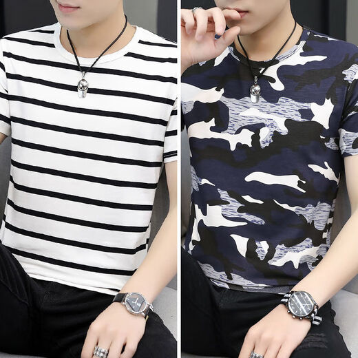 Liyunhouse 3519 Menschen sammeln Frühlings- und Sommer neue koreanische Streifenjungen kurzärmeliges T-Shirt für mittlere und junge Menschen rund Hals Caom Casual Base Two-Tiefe Striped Blue + Striped White M.