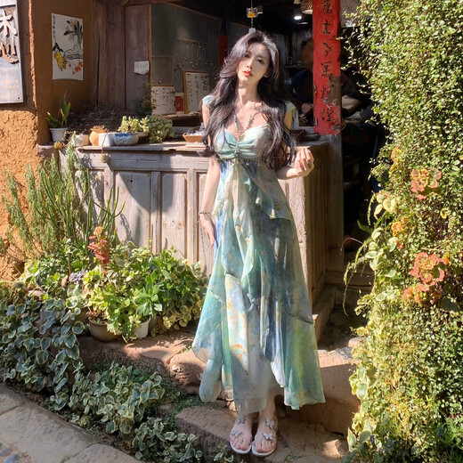 
Lugeli suspender temperament dress for women in summer 2025 new printed slim waist-hugging seaside atmosphere long skirt for women suspender dress [L]