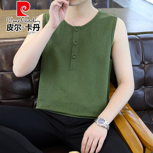 皮尔卡丹亚麻背心男夏季薄款圆领纯色透气凉感棉麻无袖t恤修身休闲马甲男 9896卡其色 2XL 150-170斤