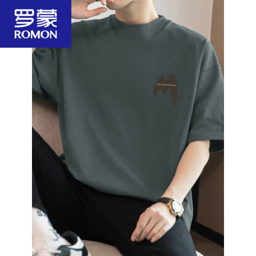 罗蒙（ROMON）260g美式重磅t恤男短袖纯棉圆领上衣服夏季潮流宽松棉半袖体恤 M09-694藏蓝色 XL 140-160斤