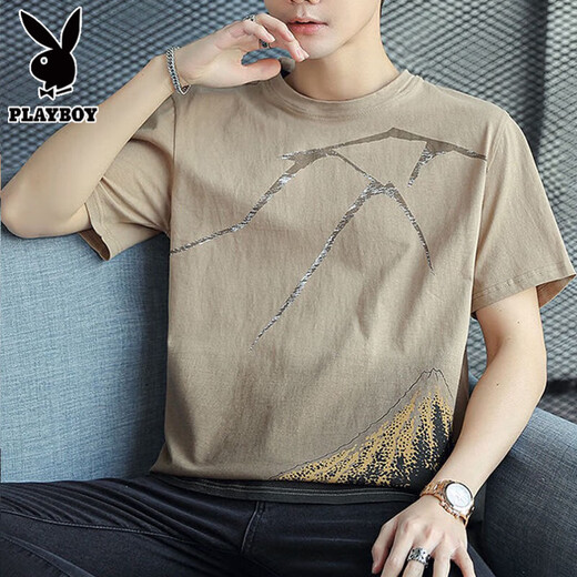 Playboy (PLAYBOY) pure cotton short-sleeved T-shirt for men 2025 new half-sleeved T-shirt loose trendy summer men's top Z829 gray 2XL [Suggested 143-158Jin [Jin equals 0.5 kg]]