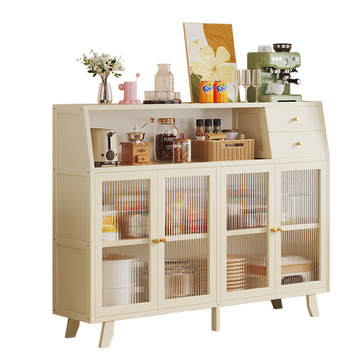 竹艺佳（ZHUYIJIA）餐边柜家用客厅储物柜厨房碗柜茶水柜靠墙酒柜置物多功能储物柜 三门带抽 奶白色