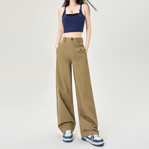 卡其色纯棉工装弯刀牛仔裤女2025夏季新款高腰宽松垂感加长阔腿裤 卡其色长裤 XL 码 建议120-130斤