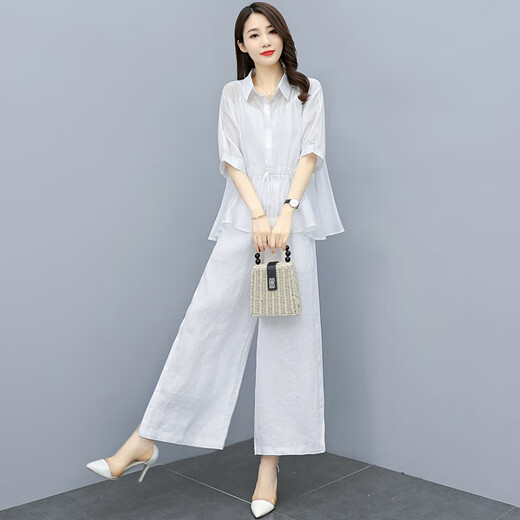 恒源祥休闲天丝套装女2025年夏装新款时尚女装显瘦坠感阔腿裤棉麻两件套 咖衣+白（亚麻）裤 M (适合96-125斤)