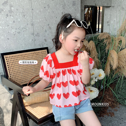 Mädchen Puffarm Shirt Kurzarm Sommer Neues Quadrat Halsband Top Mädchen Baby süßes koreanisches Kinderpuppenhemd 9934 Liebeshemd 120 120 cm