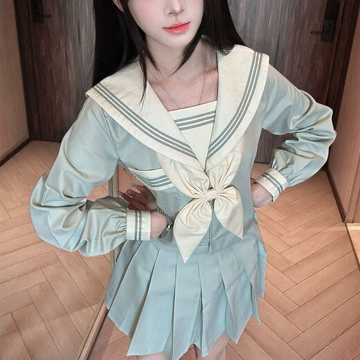 Shenbei Original Genuine Mint JK Uniform Japanese Sailor Uniform Basic College Uniform Student Suit Mint Green Three Short Sleeves + Skirt + Goldfish Knot M