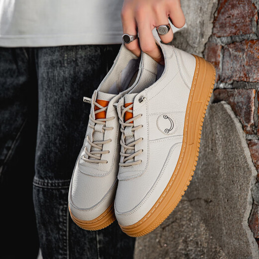 Spring and Autumn Men's Shoes Genuine Leather Real Cowhide Breathable Beef Tendon Sole Shoes Air Force All-match No. 1 Wheat Color Sports and Casual 898 White 44