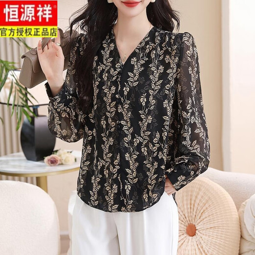 Hengyuanxiang Fashion Loose V-Chiffon Chiffon Chiffon Camiseta para mujeres 2025 Nuevo primavera y otoño Slim y Evergrande principios de primavera y top de otoño Black 3xl 135-145