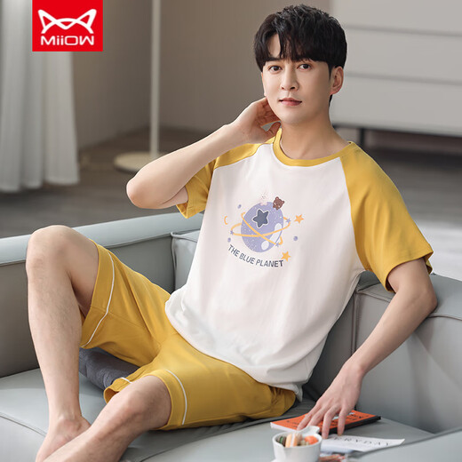 
Catman (MiiOW) men's pajamas summer pure cotton thin round neck short sleeves youth loose casual simple striped shorts home clothing FA#6627 L Recommended 100-125 Jin [Jin equals 0.5 kg]