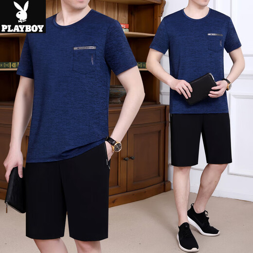 Playboy Dad Summer Ice Silk Set Short Sleeve T-Shirt 2025 Neue mittlere und ältere Vatertags Sommer-Freizeitsportmänner JM-723 Royal Blue [zweiteiliger Set] 3xl [Vorgeschlagen 160-180jin [Jin gleich 0,5 kg]]