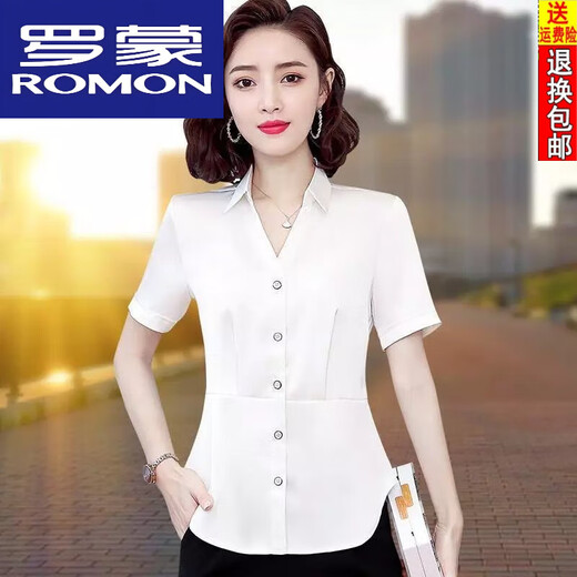 Romon kurzärmeligte Seidenhemd für Frauen 25 Sommerstil Taille Hugging Slimming Shirt Temperament Professionelles Temperament Vielseitige altersreduzierende Top 898 Black Short.Sleeved 2xL 125/135