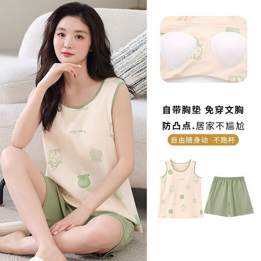 梦心声新款睡衣女夏棉料无袖短裤背心吊带家居服宽松可爱卡通套装 梦背心套装：G9859 M